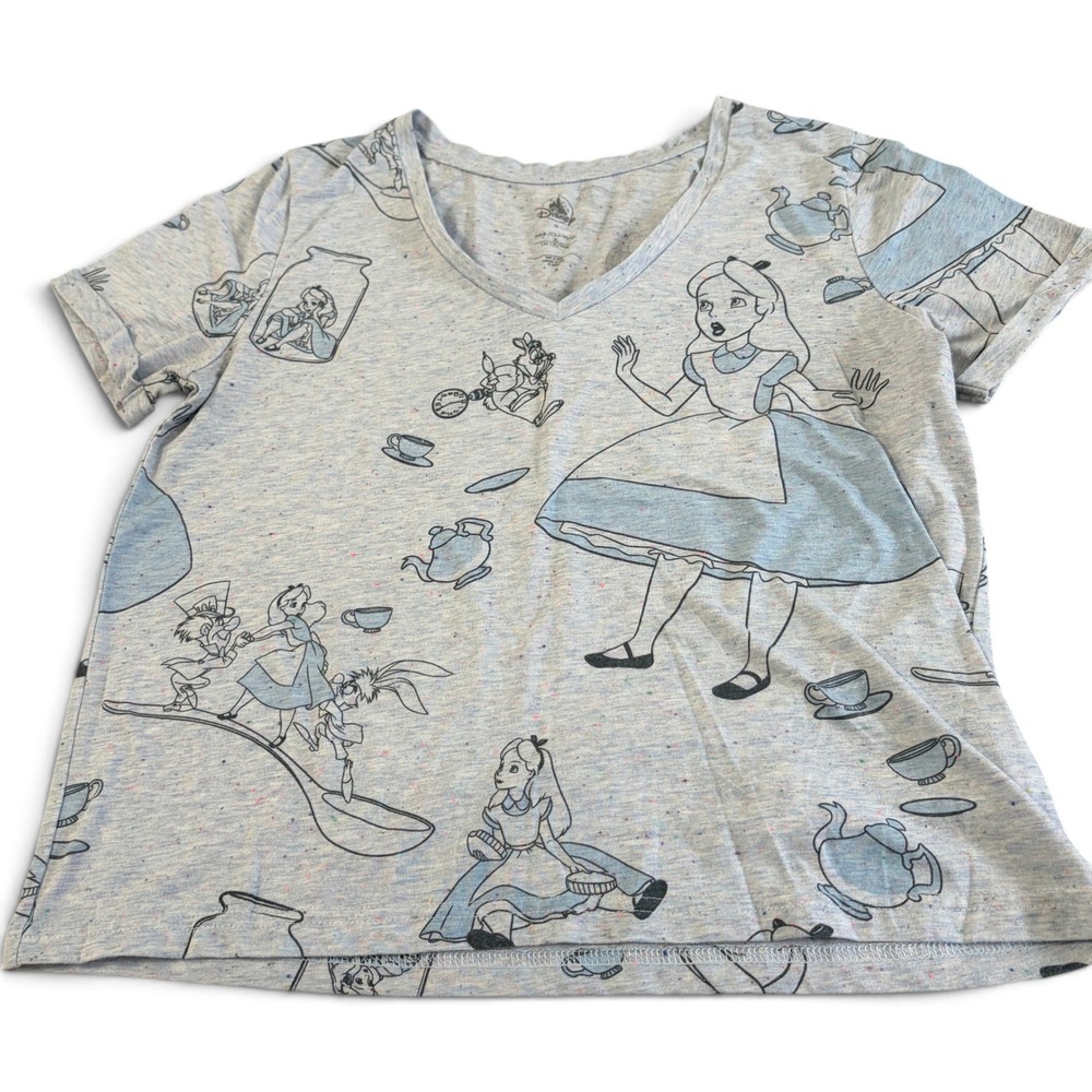 Disney Alice in Wonderland Allover Print V-Neck Womens T-Shirt Size M Gray Tee